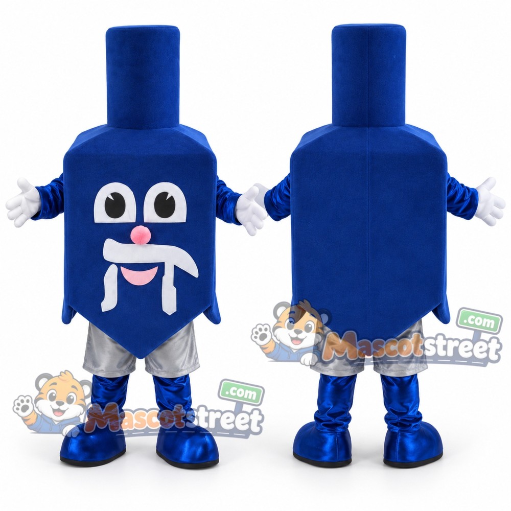 Blue Dreidel Mascot Costume with Blue Top Hat Blue Dreidel Mascot Costume with Blue Top Hat