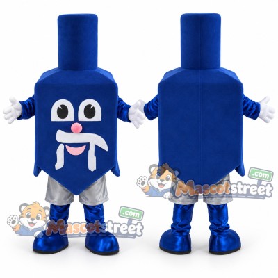 Blue Dreidel Mascot Costume with Blue Top Hat Blue Dreidel Mascot Costume with Blue Top Hat