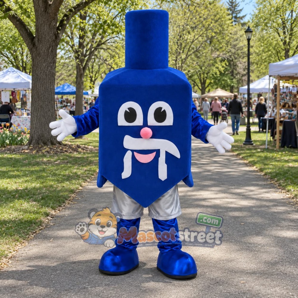 Blue Dreidel Mascot Costume with Blue Top Hat Blue Dreidel Mascot Costume with Blue Top Hat