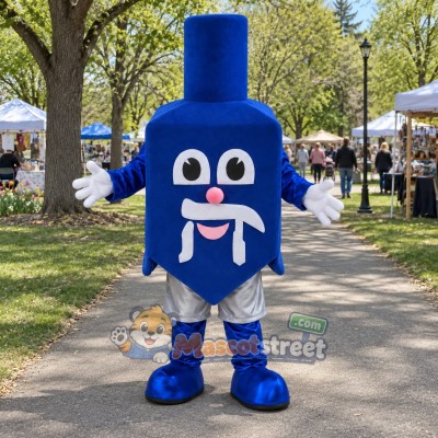 Blue Dreidel Mascot Costume with Blue Top Hat Blue Dreidel Mascot Costume with Blue Top Hat