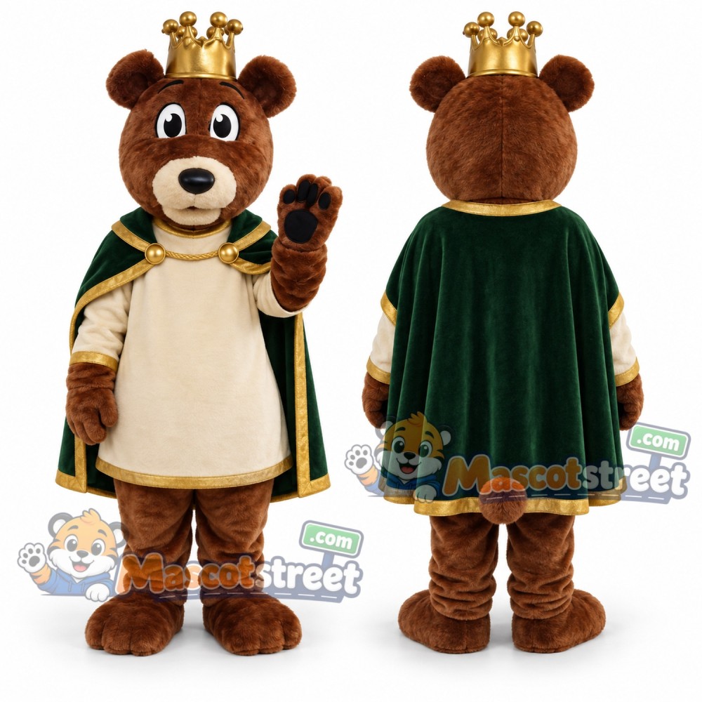 Brown Bear King Mascot Costume with Crown and Green Cape Brown Bear King Mascot Costume with Crown and Green Cape