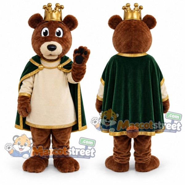 Brown Bear King Mascot Costume with Crown and Green Cape