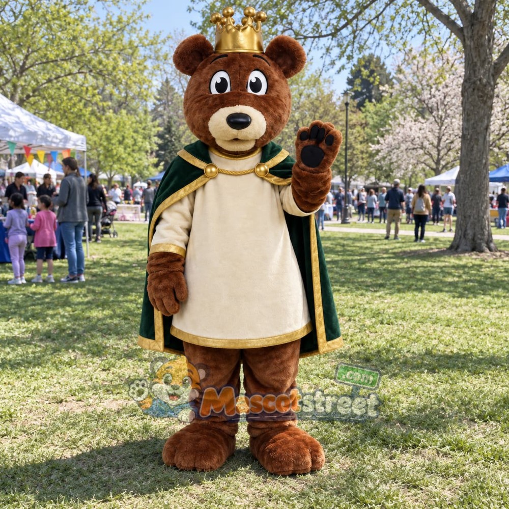 Brown Bear King Mascot Costume with Crown and Green Cape Brown Bear King Mascot Costume with Crown and Green Cape