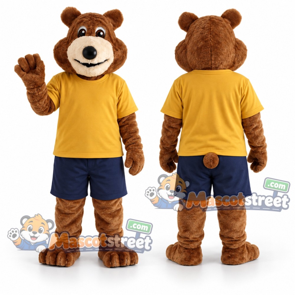 Brown Bear Mascot Costume with Yellow Shirt and Navy Shorts