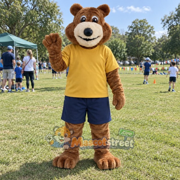 Brown Bear Mascot Costume with Yellow Shirt and Navy Shorts