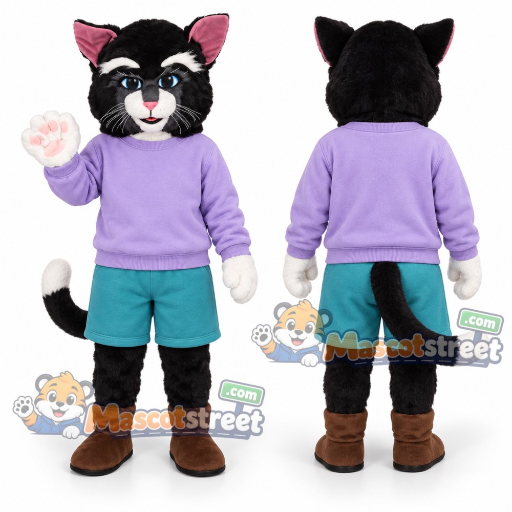 Black and White Cat Mascot Costume with Purple Sweater and Teal Shorts Black and White Cat Mascot Costume with Purple Sweater and Teal Shorts
