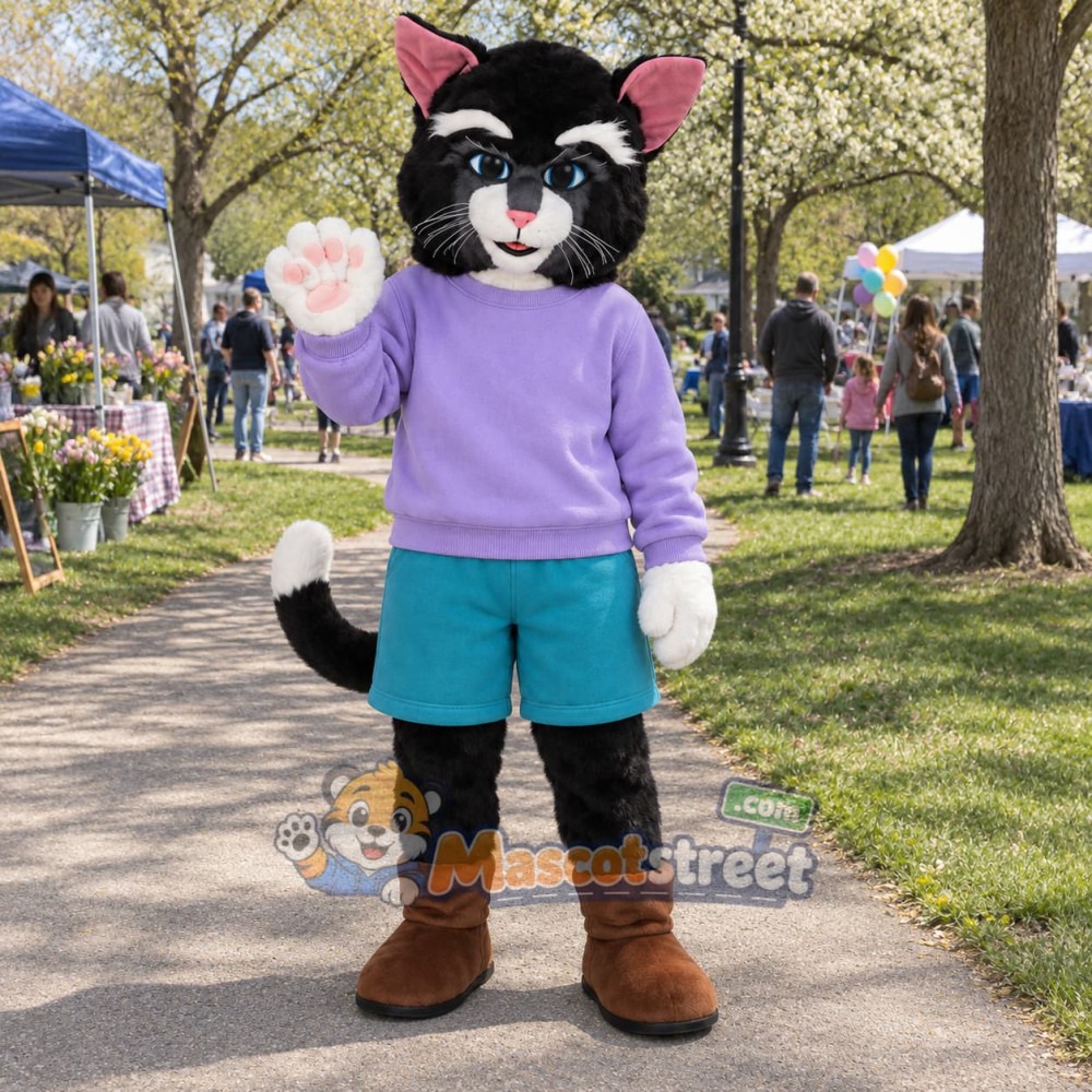 Black and White Cat Mascot Costume with Purple Sweater and Teal Shorts Black and White Cat Mascot Costume with Purple Sweater and Teal Shorts