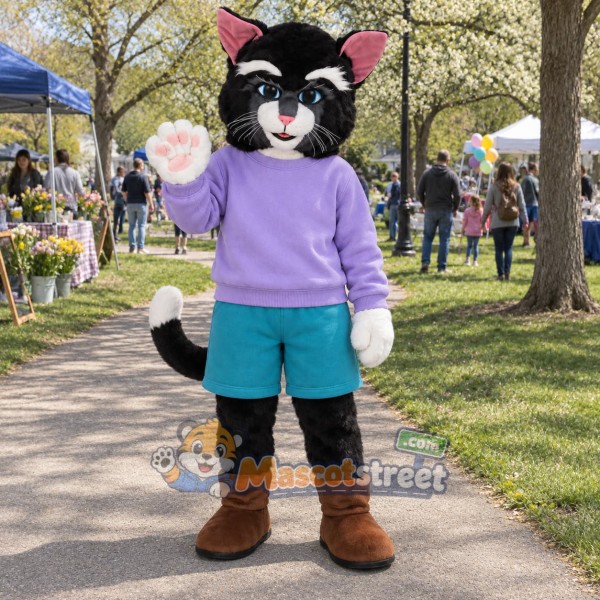 Black and White Cat Mascot Costume with Purple Sweater and Teal Shorts