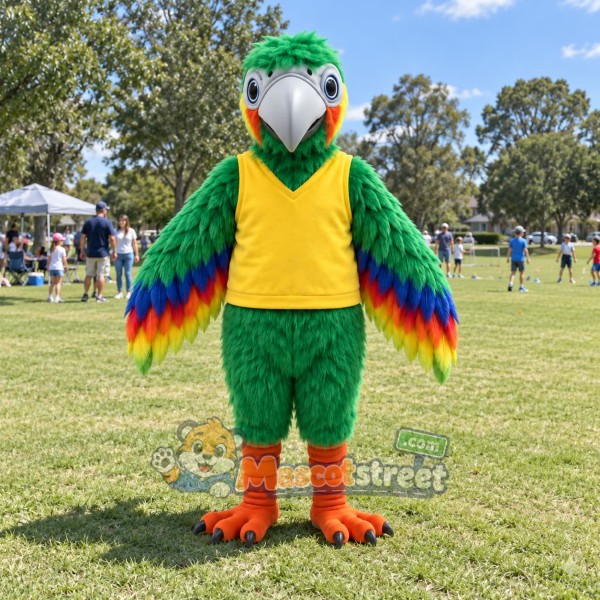 Green Parrot Mascot Costume with Yellow Shirt
