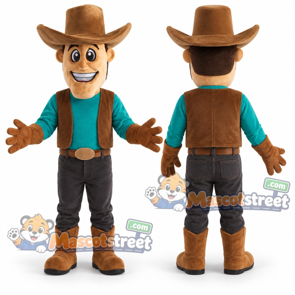 Cowboy Mascot Costume with Teal Shirt and Brown Vest Cowboy Mascot Costume with Teal Shirt and Brown Vest