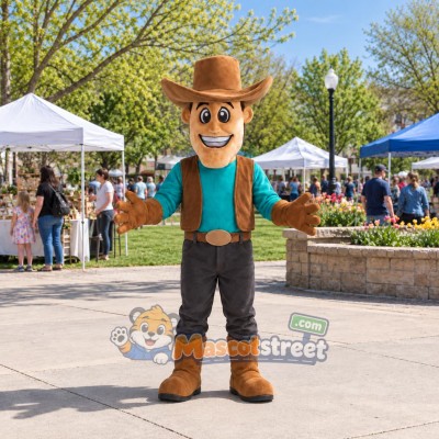 Cowboy Mascot Costume with Teal Shirt and Brown Vest Cowboy Mascot Costume with Teal Shirt and Brown Vest