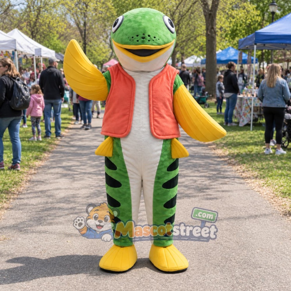 Green Fish Mascot Costume with Coral Vest