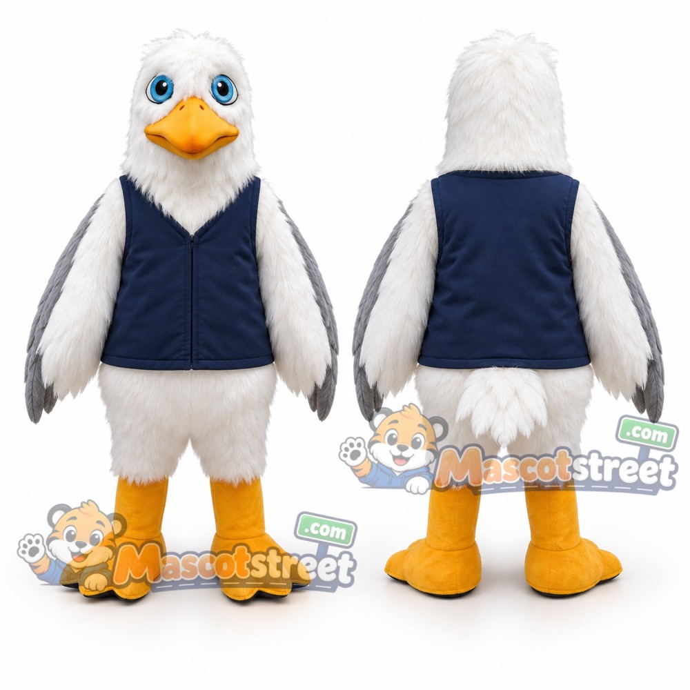 White Seagull Mascot Costume with Navy Vest