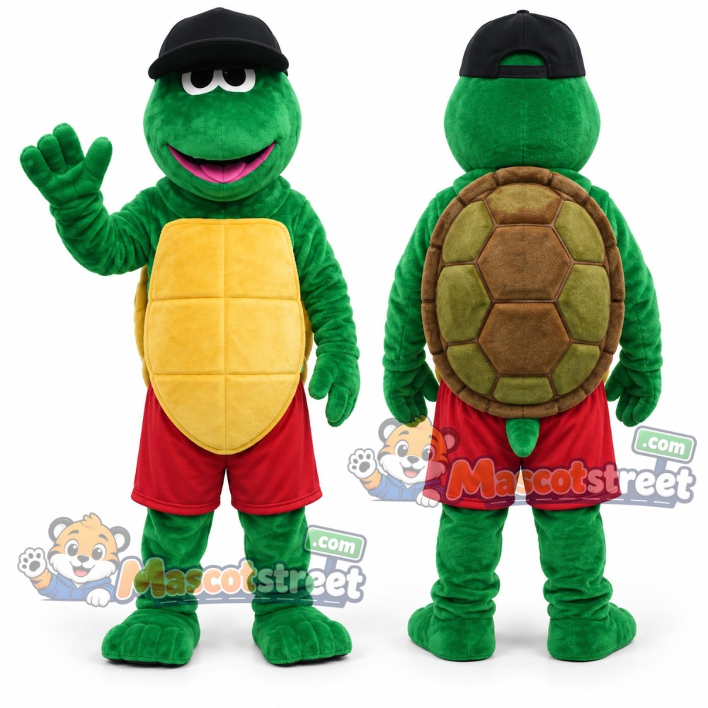 Green Turtle Mascot Costume with Red Shorts and Black Cap Green Turtle Mascot Costume with Red Shorts and Black Cap