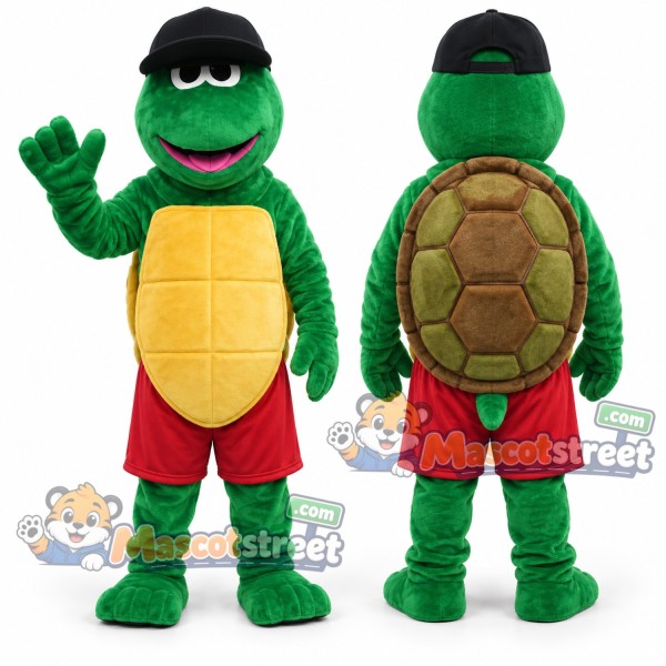 Green Turtle Mascot Costume with Red Shorts and Black Cap