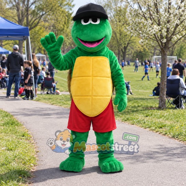 Green Turtle Mascot Costume with Red Shorts and Black Cap