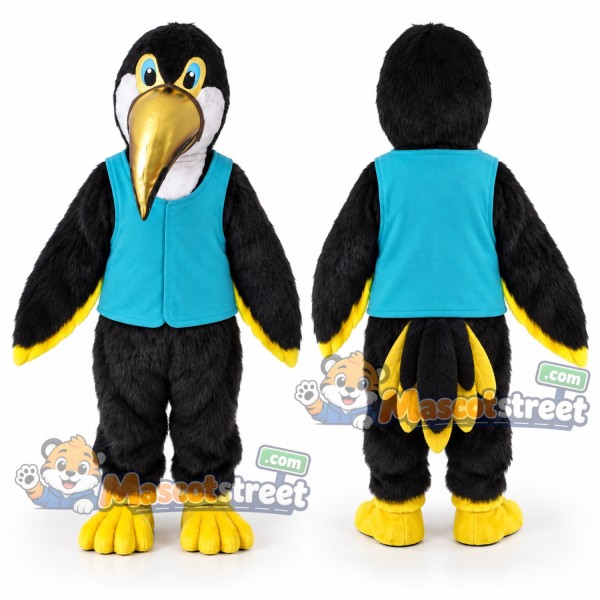 Black Toucan Mascot Costume with Blue Vest