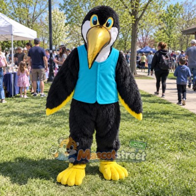 Black Toucan Mascot Costume with Blue Vest Black Toucan Mascot Costume with Blue Vest