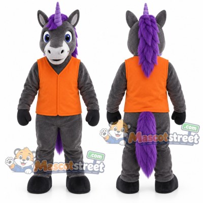 Gray Unicorn Mascot Costume with Orange Vest and Purple Mane