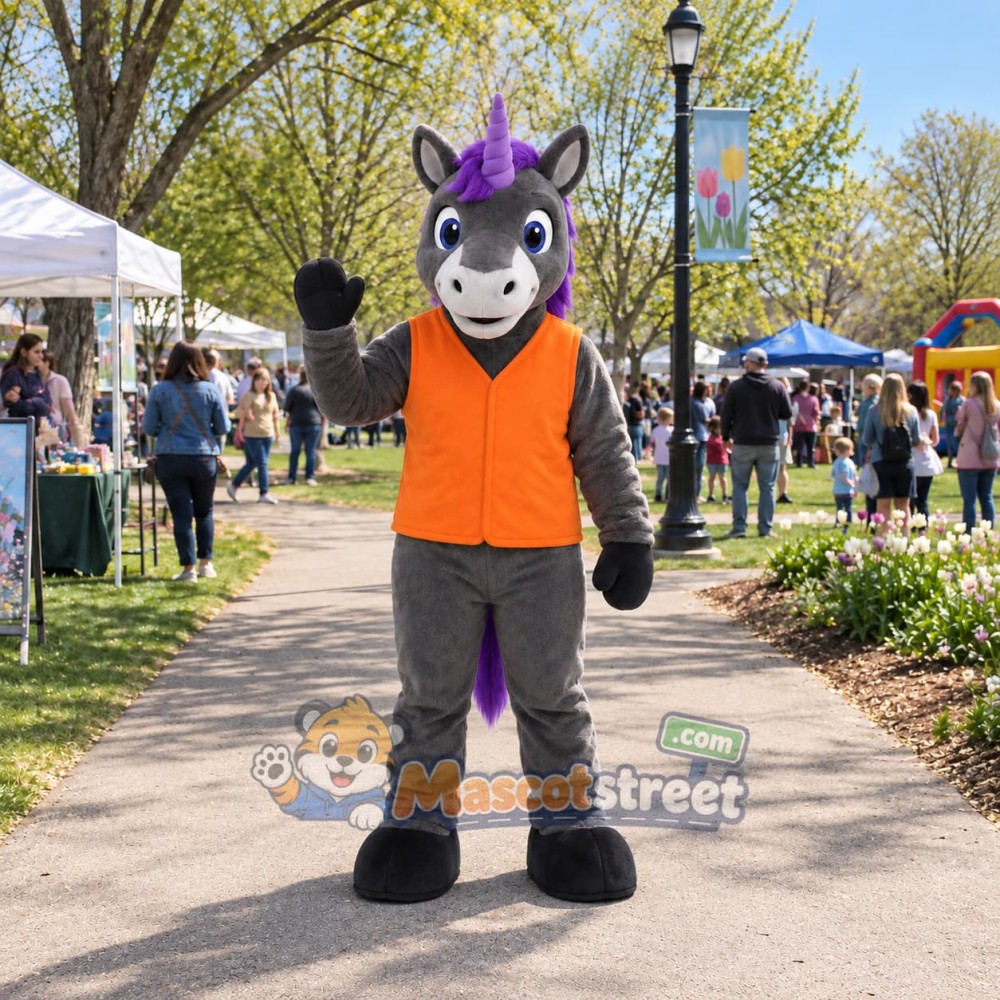Gray Unicorn Mascot Costume with Orange Vest and Purple Mane
