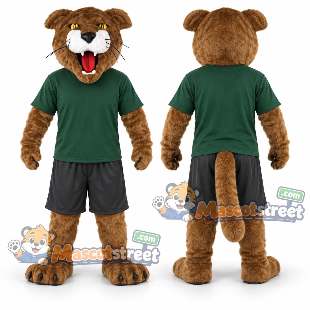 Brown Cougar Mascot Costume with Green Shirt and Gray Shorts