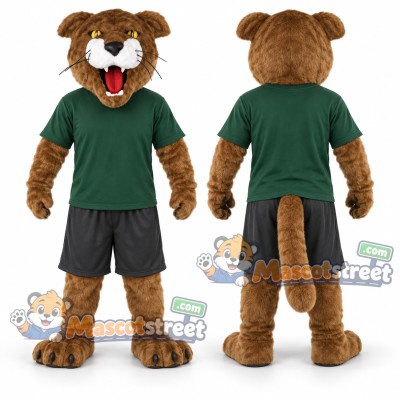 Brown Cougar Mascot Costume with Green Shirt and Gray Shorts