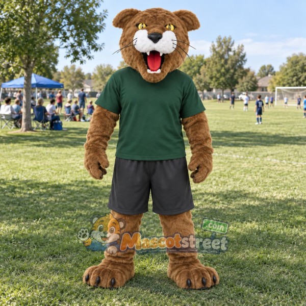 Brown Cougar Mascot Costume with Green Shirt and Gray Shorts