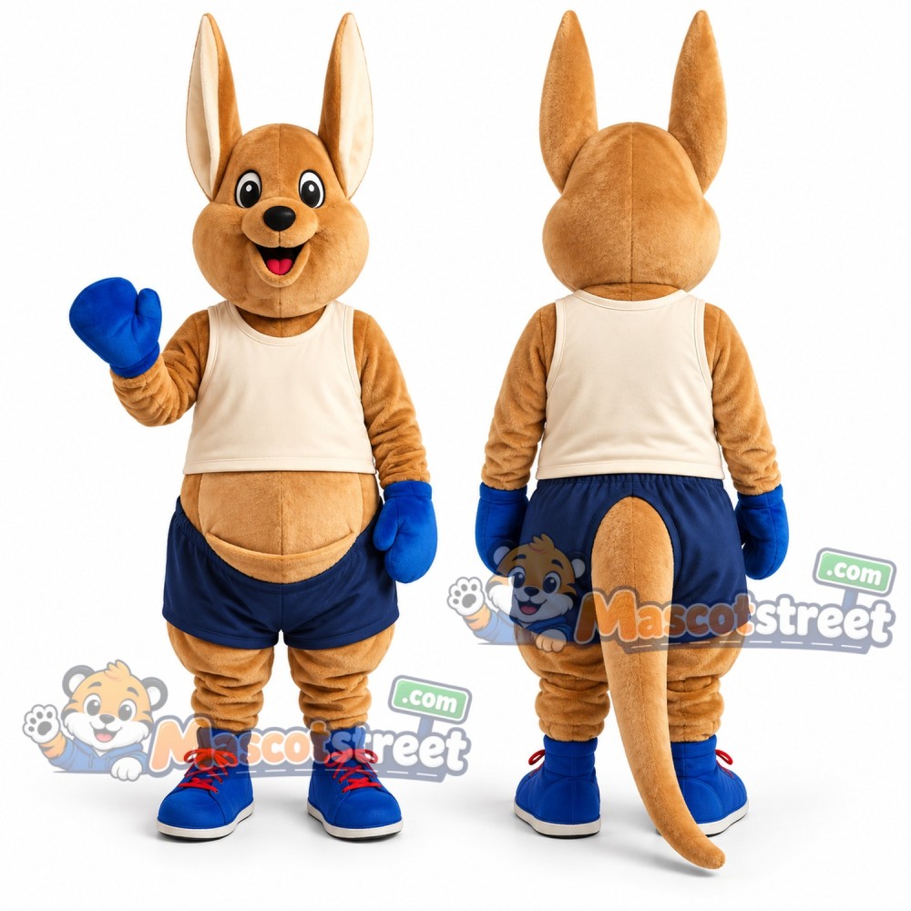 Tan Kangaroo Mascot Costume with Cream Shirt and Blue Shorts