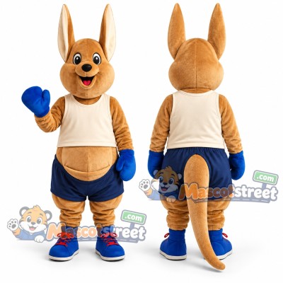 Tan Kangaroo Mascot Costume with Cream Shirt and Blue Shorts