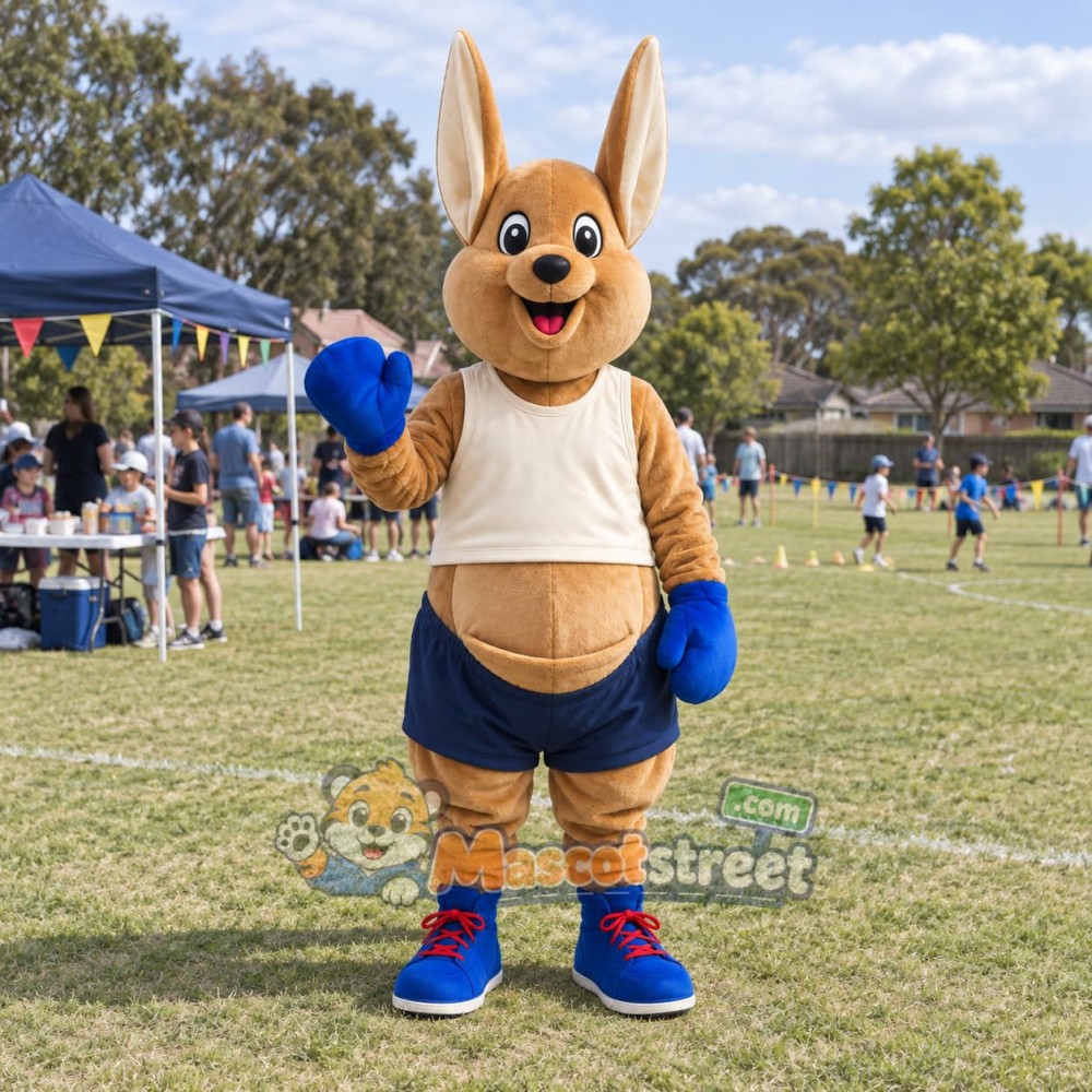 Tan Kangaroo Mascot Costume with Cream Shirt and Blue Shorts