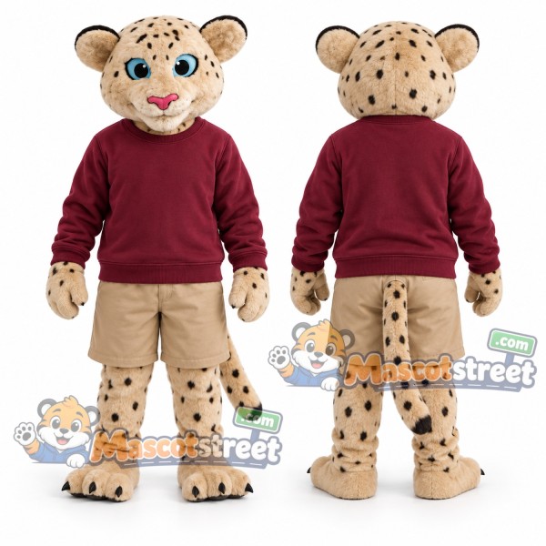 Spotted Leopard Mascot Costume with Burgundy Sweater and Khaki Shorts