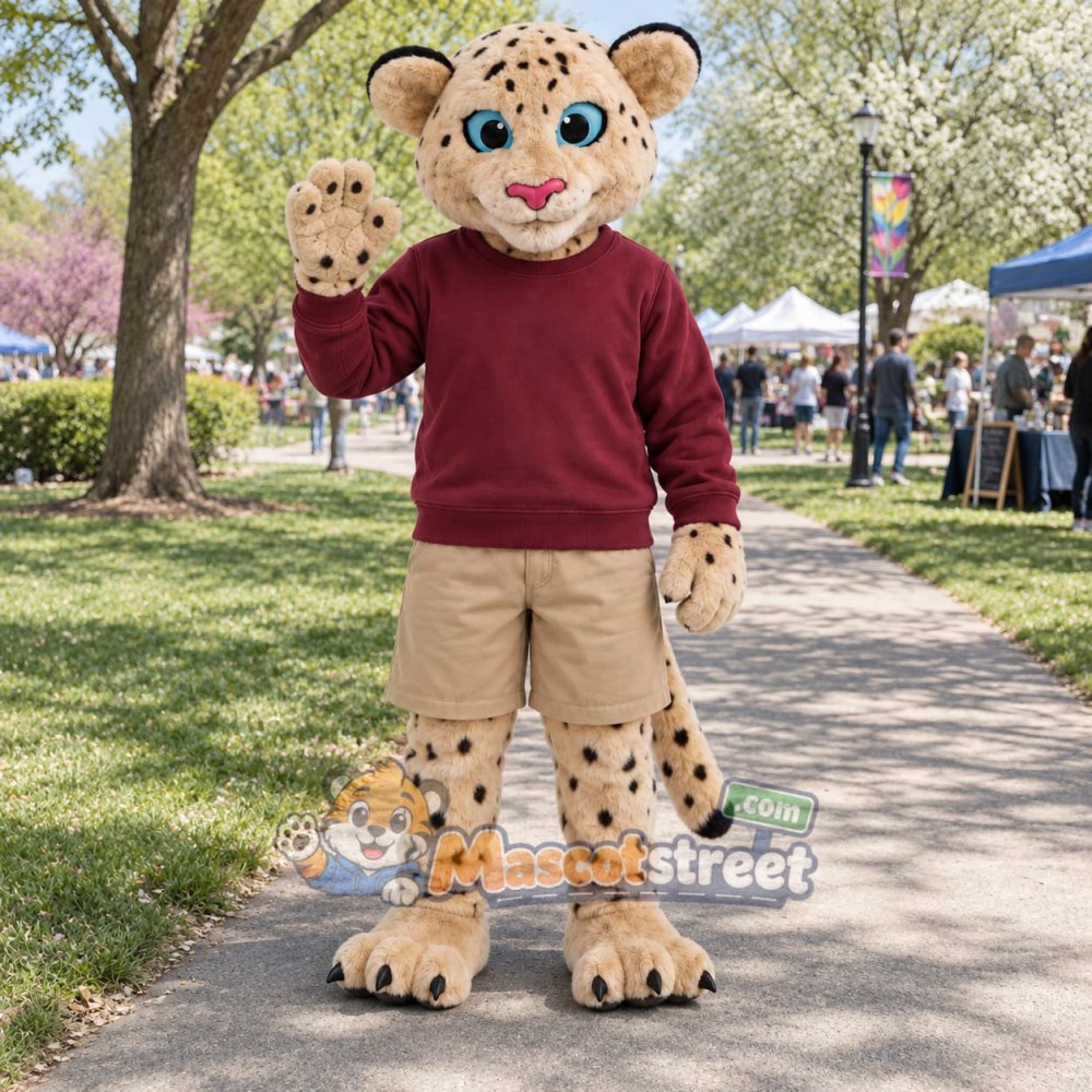 Spotted Leopard Mascot Costume with Burgundy Sweater and Khaki Shorts