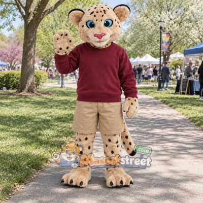 Spotted Leopard Mascot Costume with Burgundy Sweater and Khaki Shorts