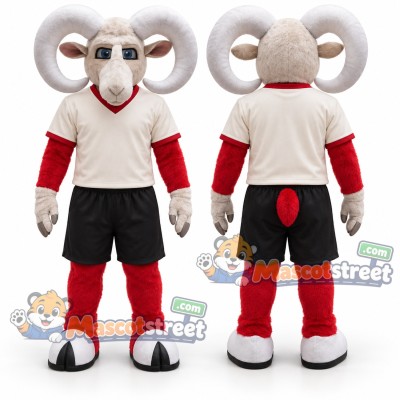 White Ram Mascot Costume with Cream Shirt and Black Shorts