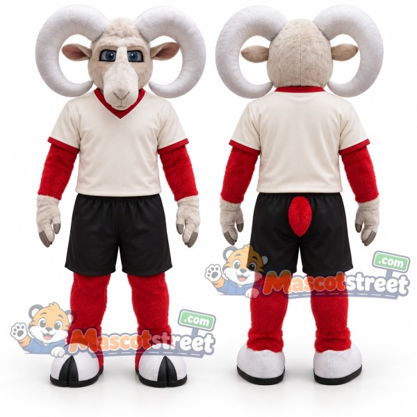 White Ram Mascot Costume with Cream Shirt and Black Shorts