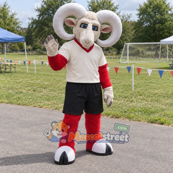 White Ram Mascot Costume with Cream Shirt and Black Shorts
