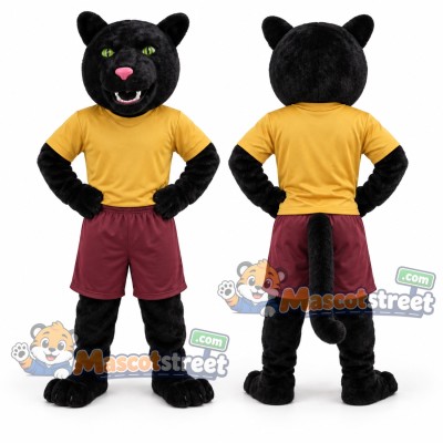 Black Panther Mascot Costume with Yellow Shirt and Burgundy Shorts