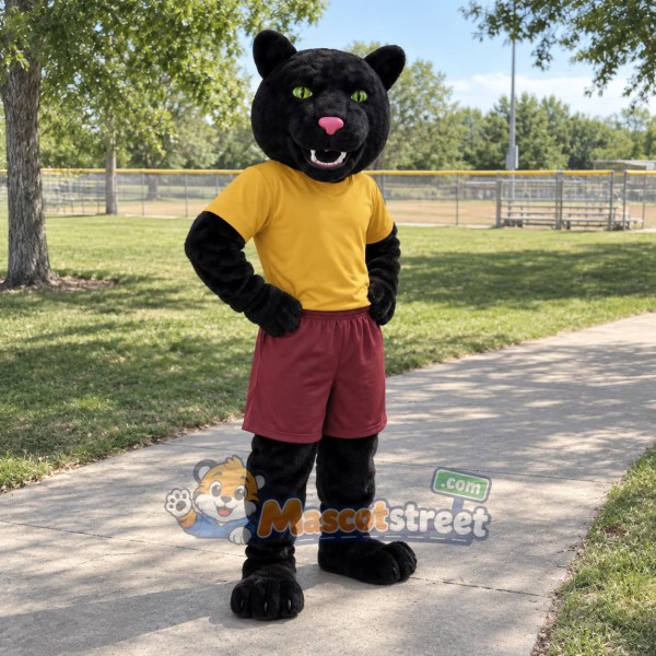 Black Panther Mascot Costume with Yellow Shirt and Burgundy Shorts