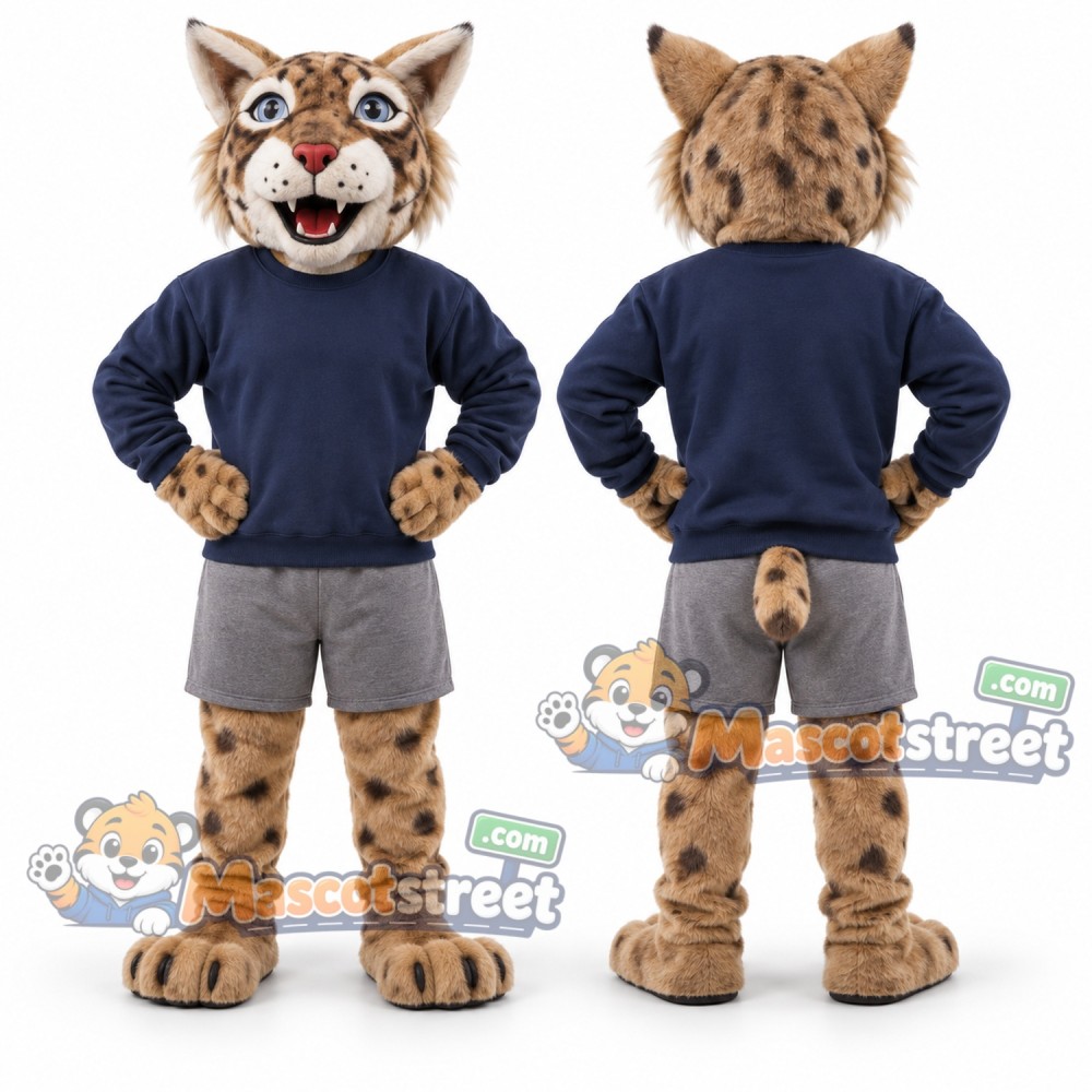 Spotted Wildcat Mascot Costume with Navy Sweater and Gray Shorts Spotted Wildcat Mascot Costume with Navy Sweater and Gray Shorts