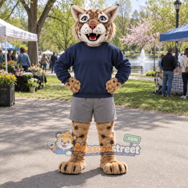 Spotted Wildcat Mascot Costume with Navy Sweater and Gray Shorts