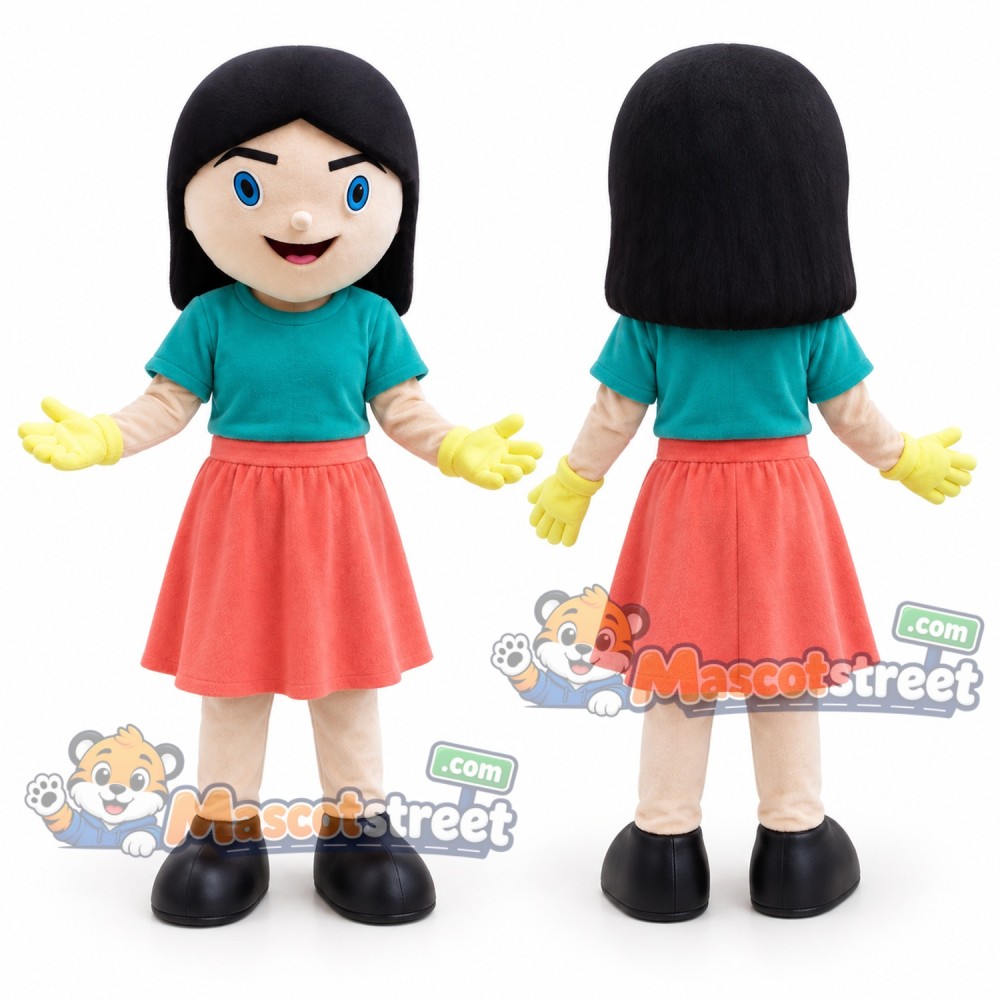 Girl Mascot Costume with Teal Shirt and Coral Skirt