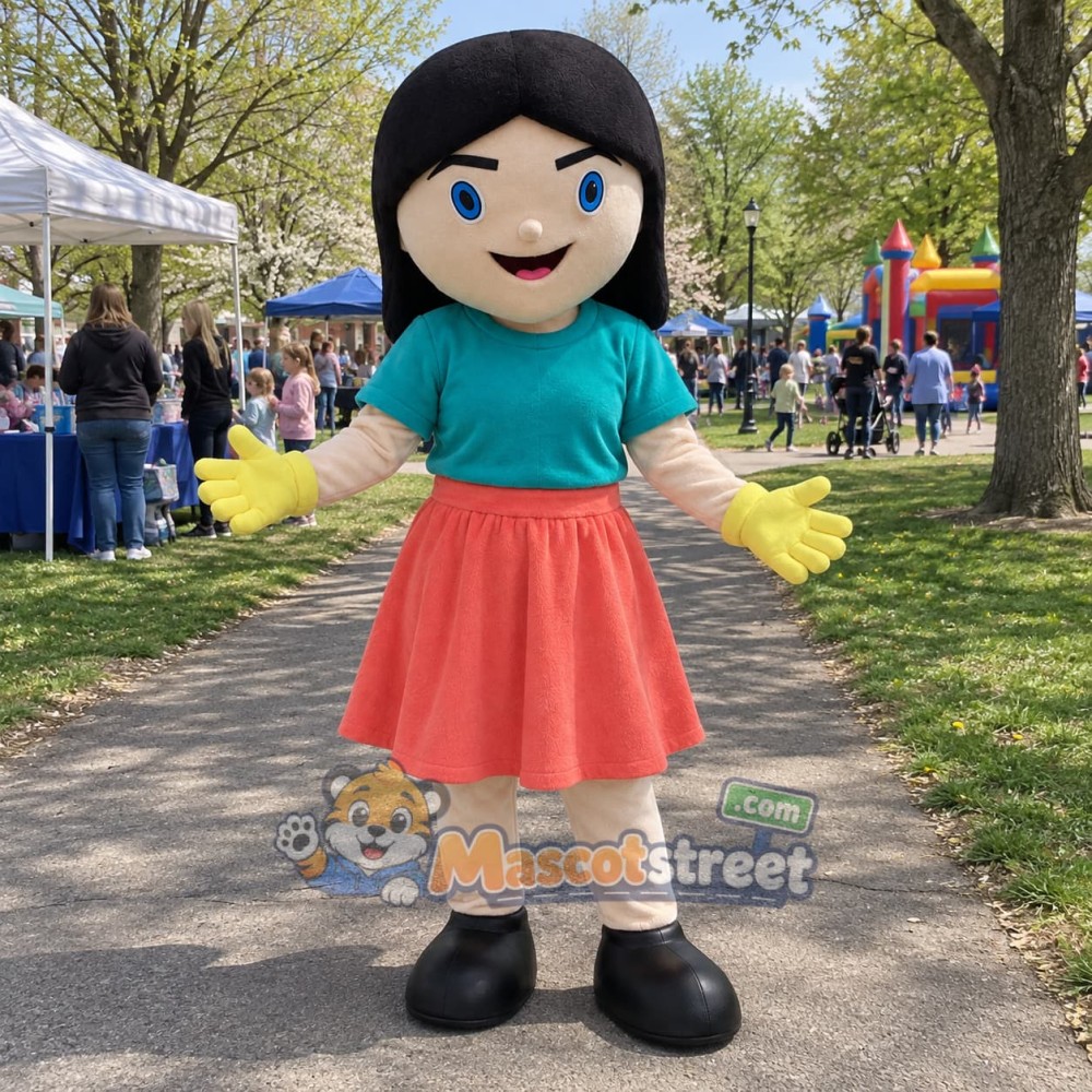 Girl Mascot Costume with Teal Shirt and Coral Skirt