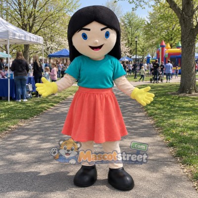 Girl Mascot Costume with Teal Shirt and Coral Skirt