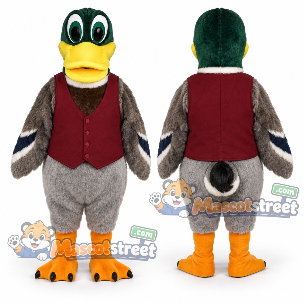 Mallard Duck Mascot Costume with Burgundy Vest