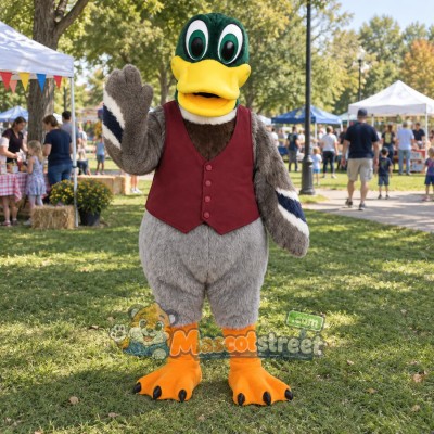 Mallard Duck Mascot Costume with Burgundy Vest