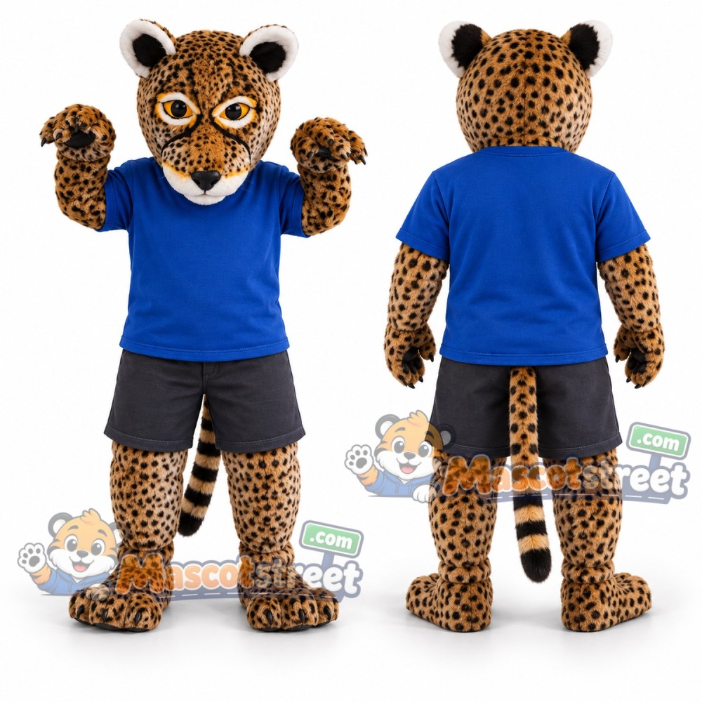 Spotted Leopard Mascot Costume with Blue Shirt and Gray Shorts Spotted Leopard Mascot Costume with Blue Shirt and Gray Shorts