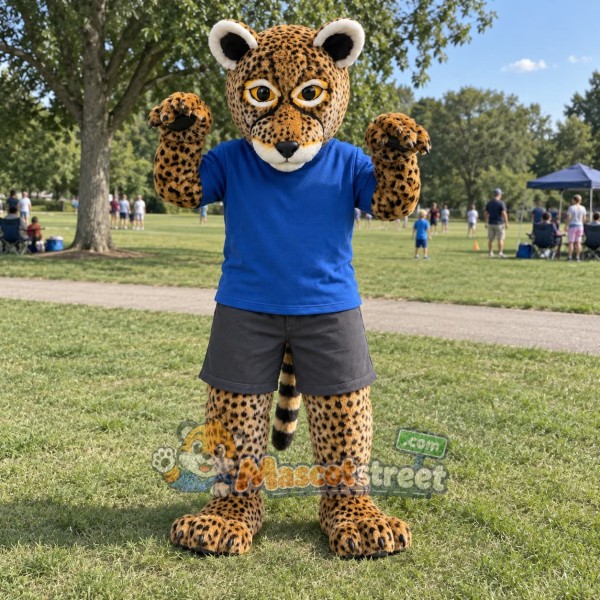 Spotted Leopard Mascot Costume with Blue Shirt and Gray Shorts