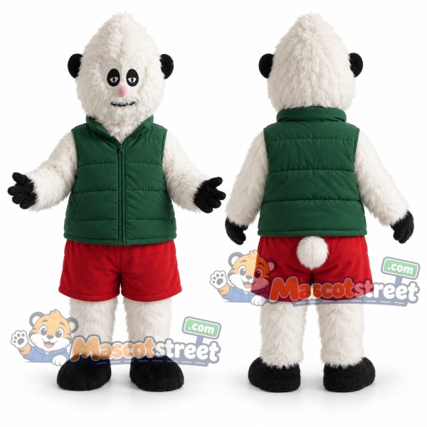 White Monster Mascot Costume with Green Vest and Red Shorts