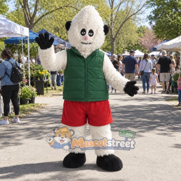 White Monster Mascot Costume with Green Vest and Red Shorts