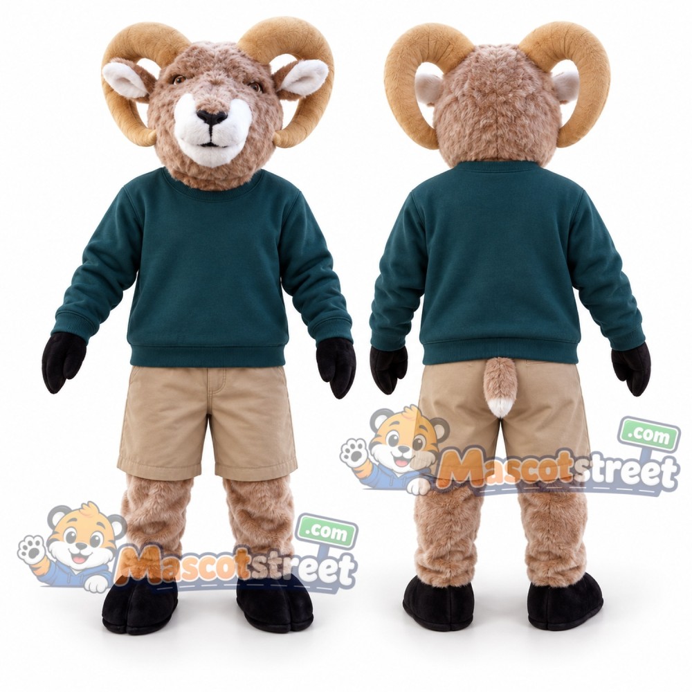 Brown Ram Mascot Costume with Teal Sweater and Khaki Shorts